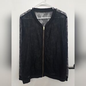 Black Lace Zip-Front Shell with Gold Zip